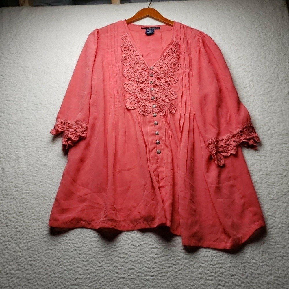 Denim 24/7 Blouse Womens Plus 20W Pink V Neck Crochet 3/4 Bell Sleeve Tunic Top